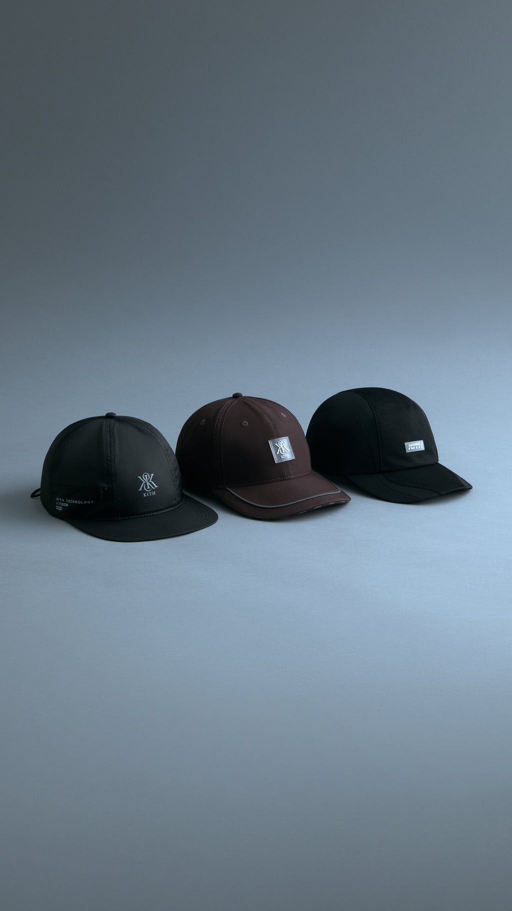 Three Kith Technology caps in black, brown, and black mesh, arranged side by side, mobile homepage banner