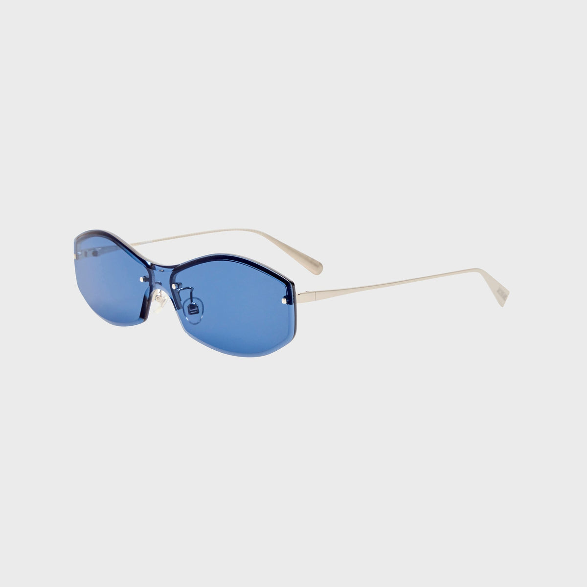 Jacquemus Jac 206 rimless sunglasses, side profile view of the slim silver temple arm
