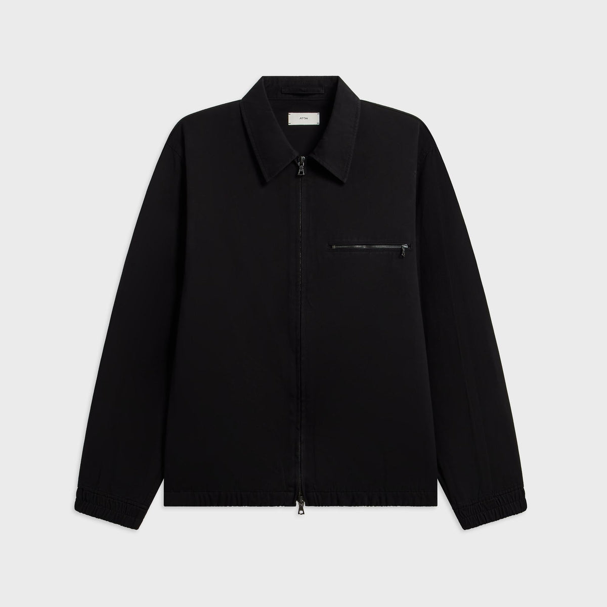 ATON Cotton Gabardine Harrington Jacket in black, front view with collar, zip closure and chest zip pocket