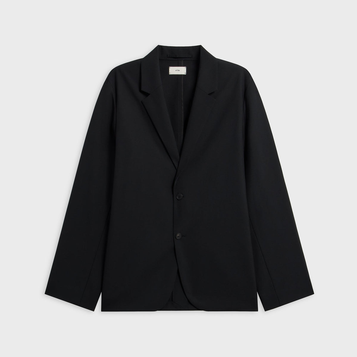 ATON Wool Tropical Tailored Jacket in black, front view with notch lapel and two-button closure