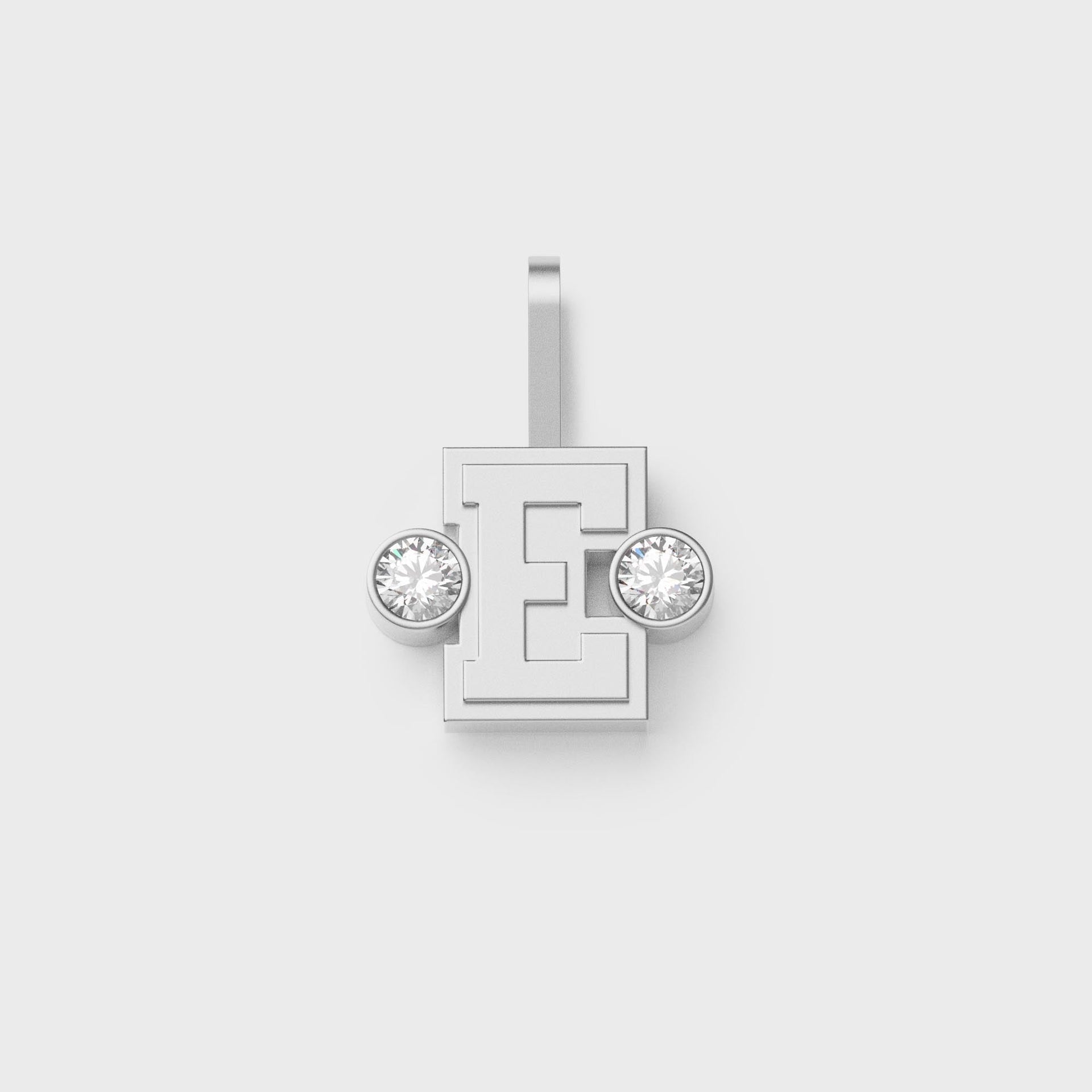 Greg Yuna Sylver Baby sterling silver letter E pendant flanked by two round bezel-set diamonds