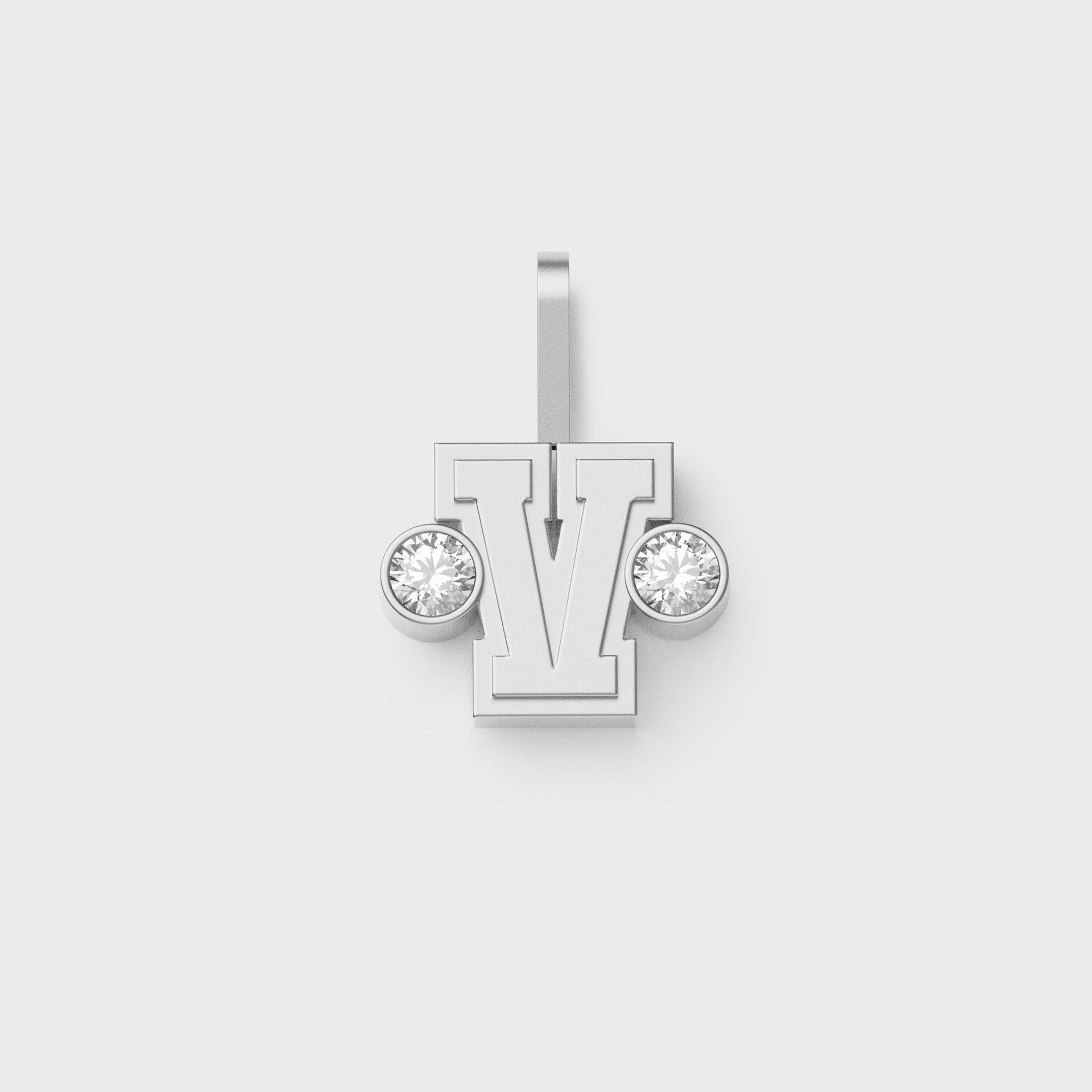 Greg Yuna Sylver Baby sterling silver letter V pendant flanked by two round bezel-set diamonds