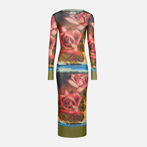 Eva Verona Crepe Midi Dress Mesh Long Sleeve Dress - Roses