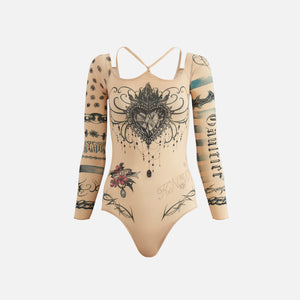 Jean Paul Gaultier x KNWLS Clavicle Body Neck Long Sleeves Printed Trompe L'Ceil Tattoo - Sand / Sand