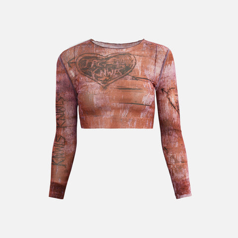 Jean Paul Gaultier x KNWLS Cropped Top Boat Neck Long Sleeve Printed Scratch Wood - Lilac