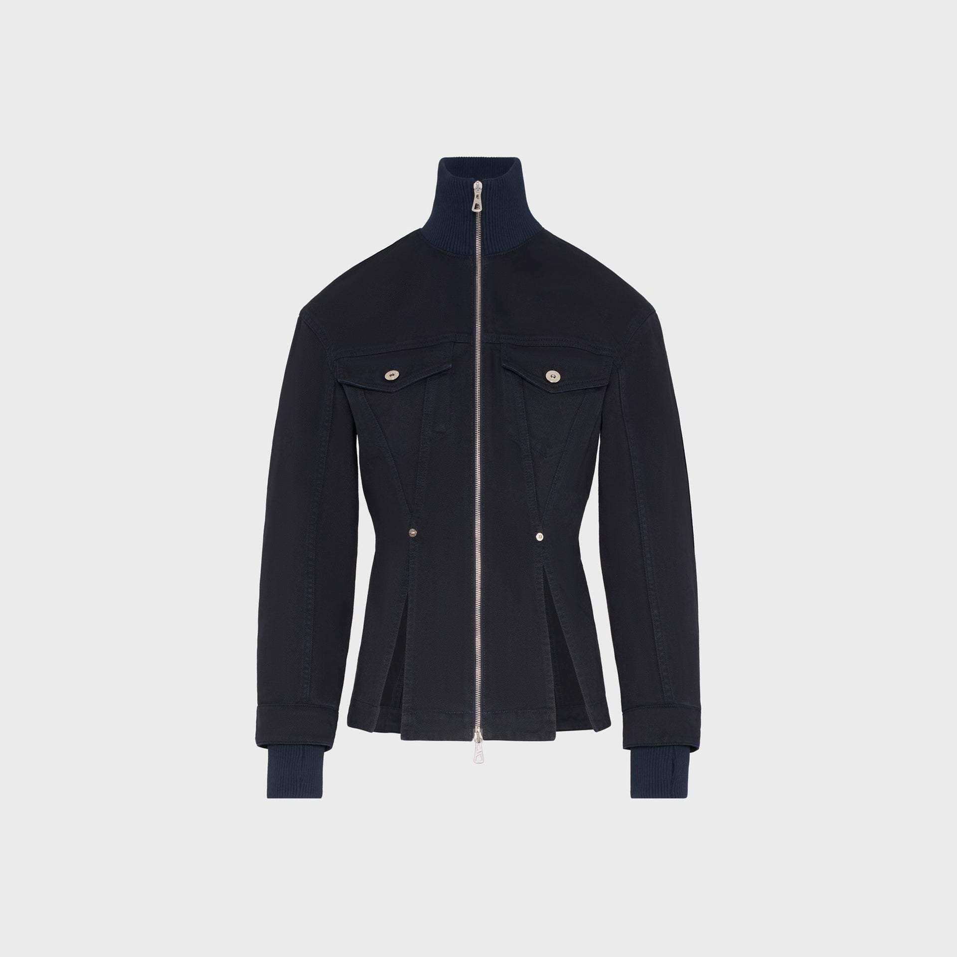 Jean Paul Gaultier Overdyed Fitted Denim Jacket with Ribbed Cuff and Collar in Navy