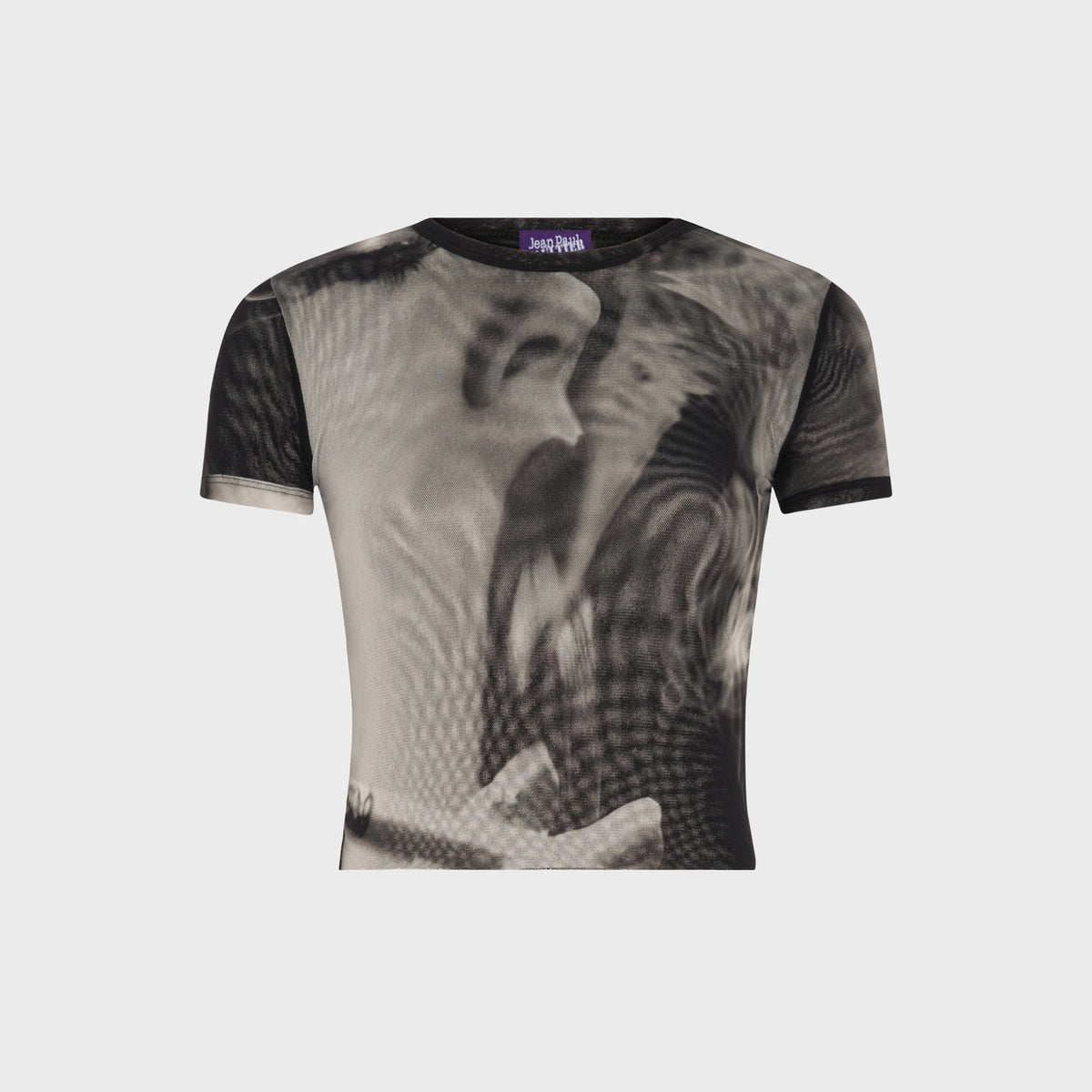 Jean Paul Gaultier The Smoking black mesh baby tee with sheer photographic print, flat lay
