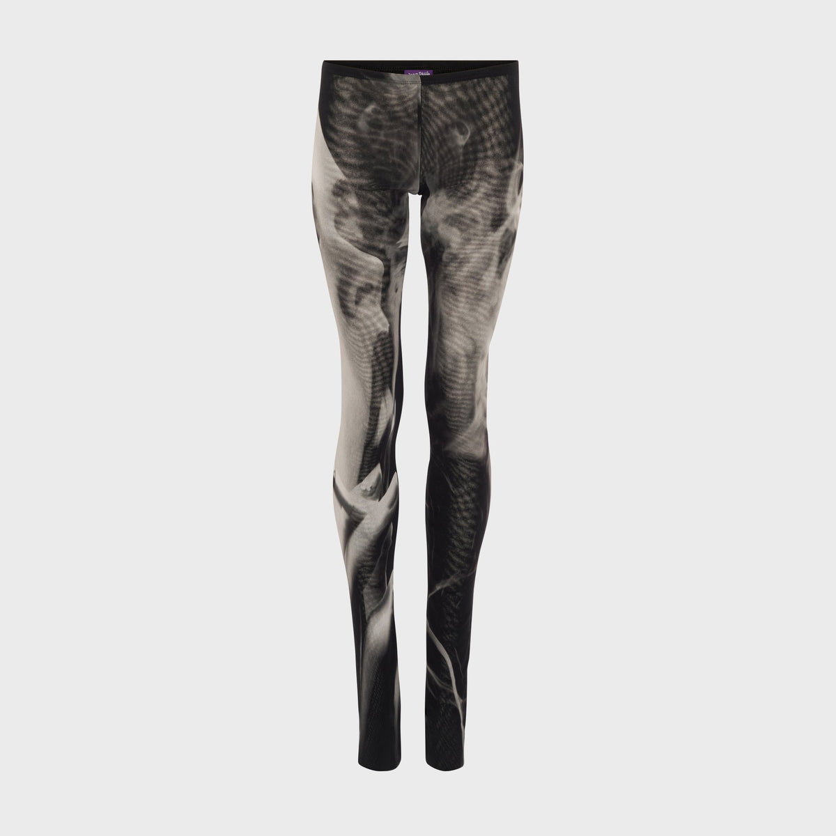 Jean Paul Gaultier The Smoking black mesh trouser with sheer photographic print, flat lay