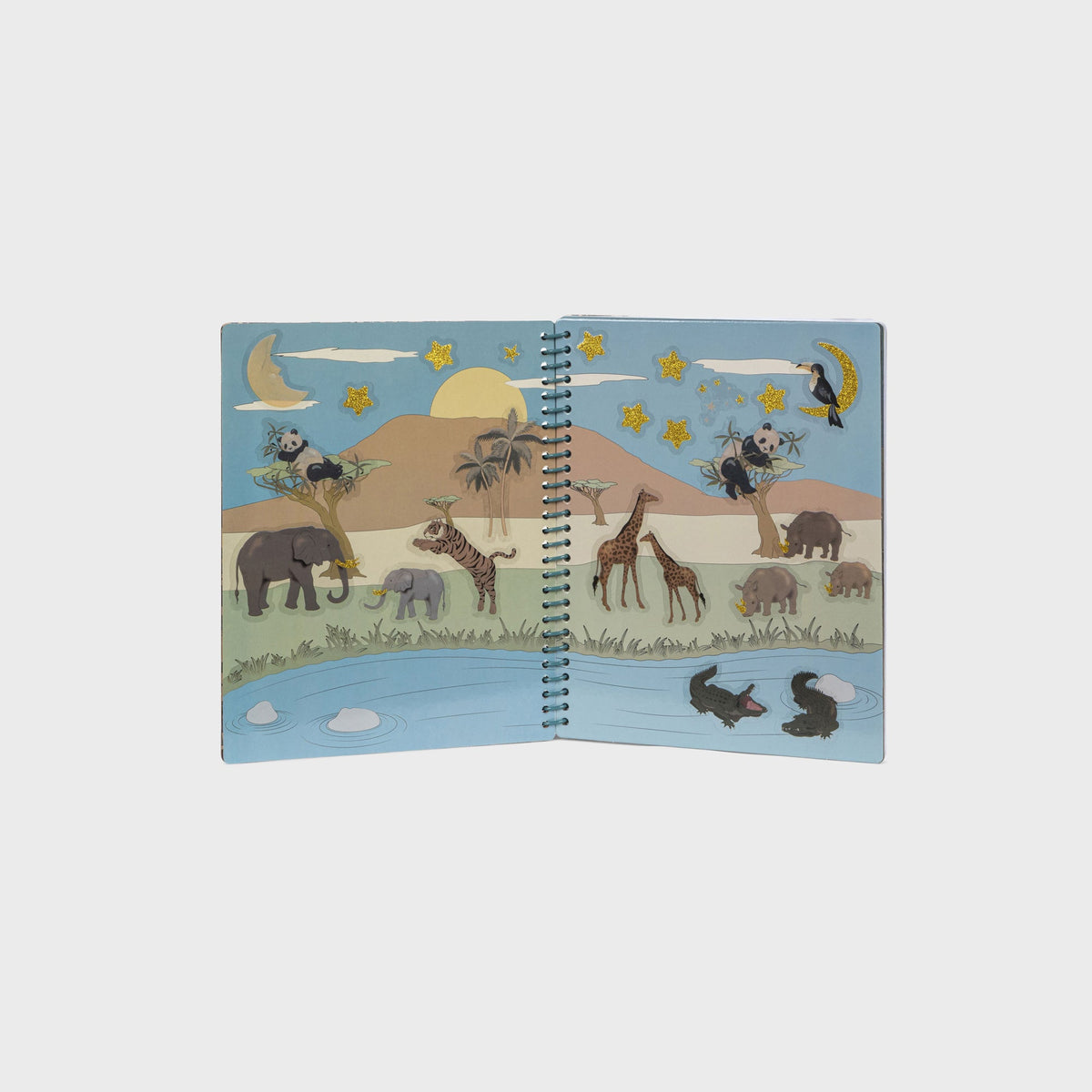 Konges Sløjd My Sticker Book in Green, open spread showing illustrated safari animal sticker pages