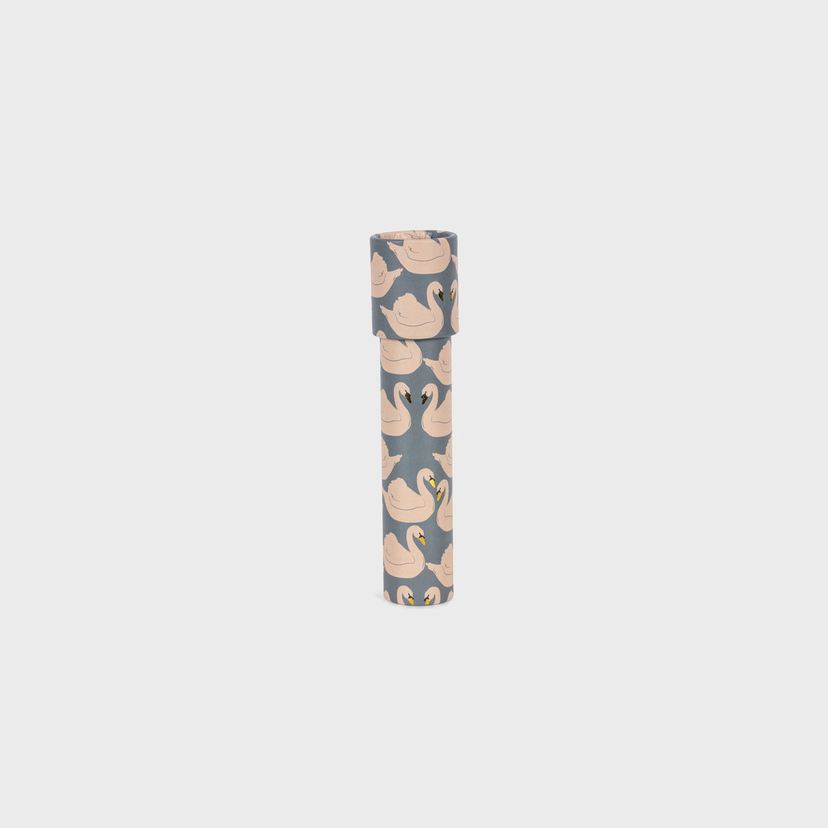 Konges Sløjd Kaleidoscope toy in Swan print, upright view of the fabric-wrapped cylindrical kaleidoscope