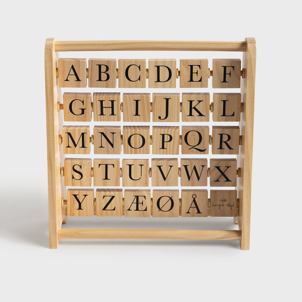 Konges Sløjd ABC Wooden Block Frame in Multi, wooden alphabet block toy in a natural wood frame, front view