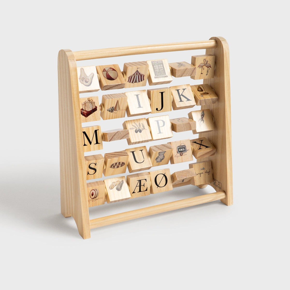 Konges Sløjd ABC Wooden Block Frame in Multi, angled view of the wooden alphabet block toy showing painted letter tiles