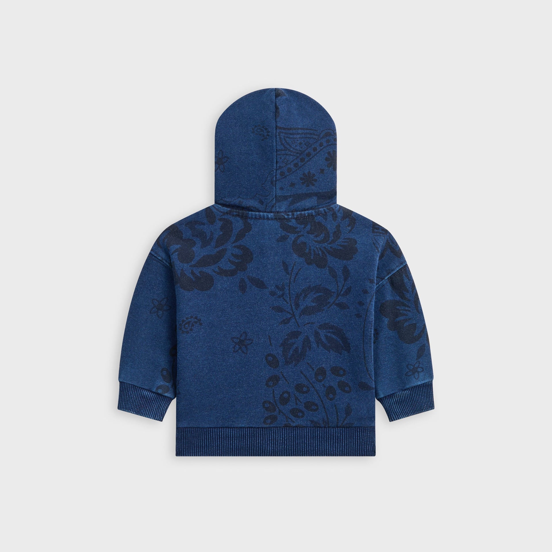 Kith Baby Full Zip Hoodie in Dark Indigo with tonal paisley floral print, flat lay back view with hood