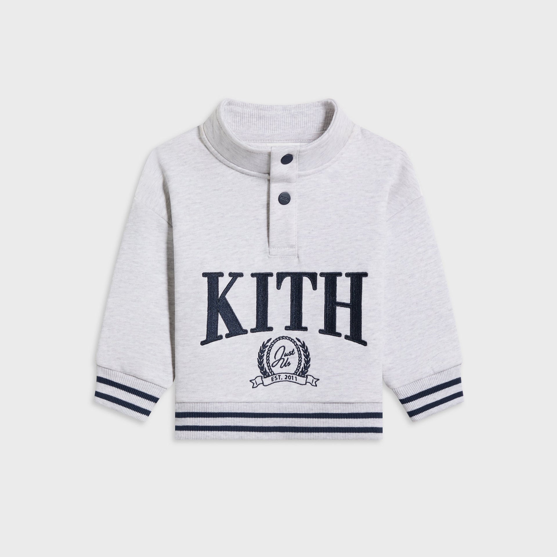 Kith Baby Collegiate Snap Hunter Crewneck in Light Heather Grey, flat lay front view with snap mockneck and embroidered Kith crest logo