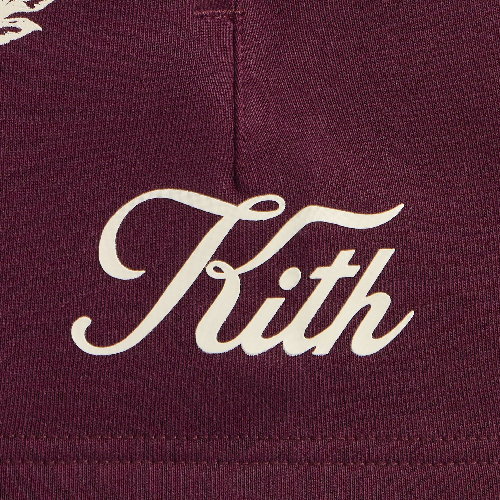 Close-up of cream Kith script logo on burgundy Essence Kith Baby Logo Nelson Short