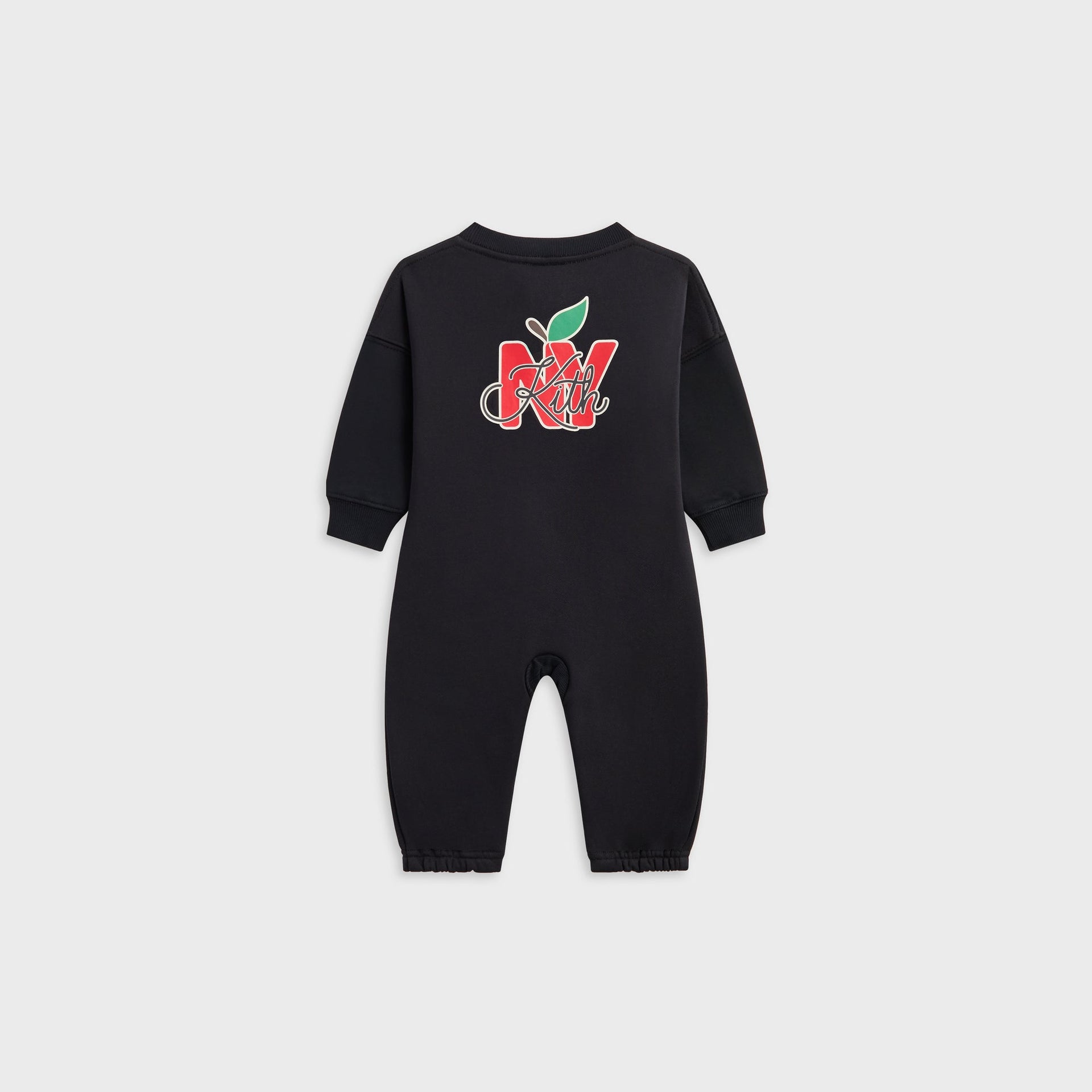 Kith Baby Corbyn Coverall in black, back view with red NY apple and Kith script graphic