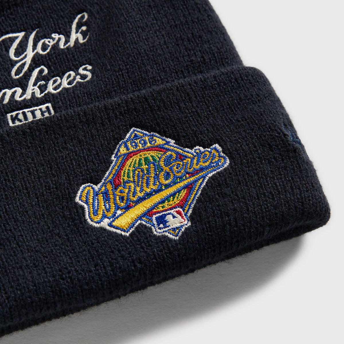 Kith Baby & '47 for the New York Yankees acrylic beanie in Nocturnal navy, close-up of the embroidered 1996 World Series patch