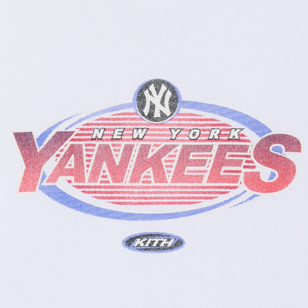 Kith Baby for the New York Yankees Retro Tee, close-up of the vintage Yankees oval graphic with NY logo and Kith badge