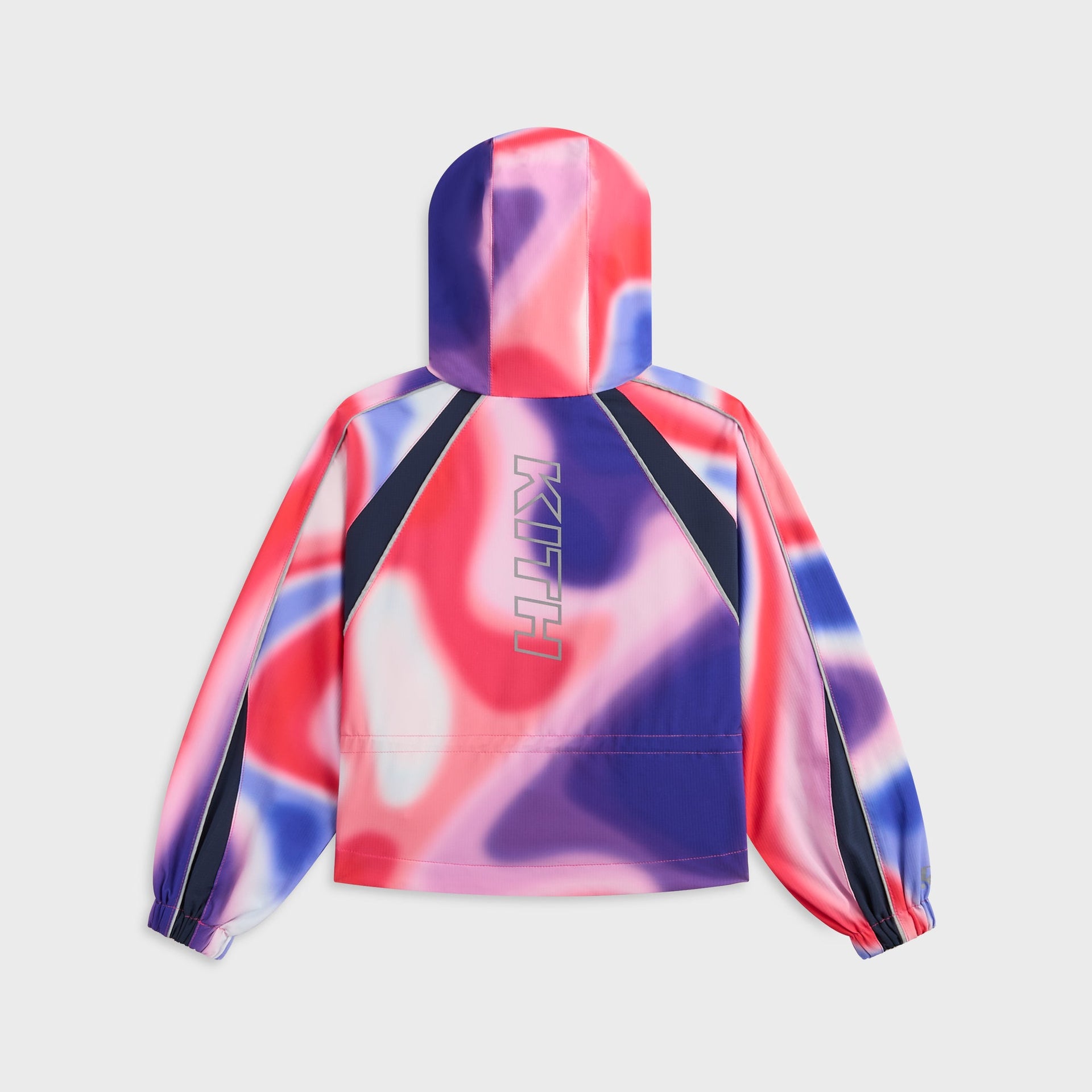 Kith Kids Lora Windbreaker in Tempo print, back view with hood and reflective vertical KITH logo