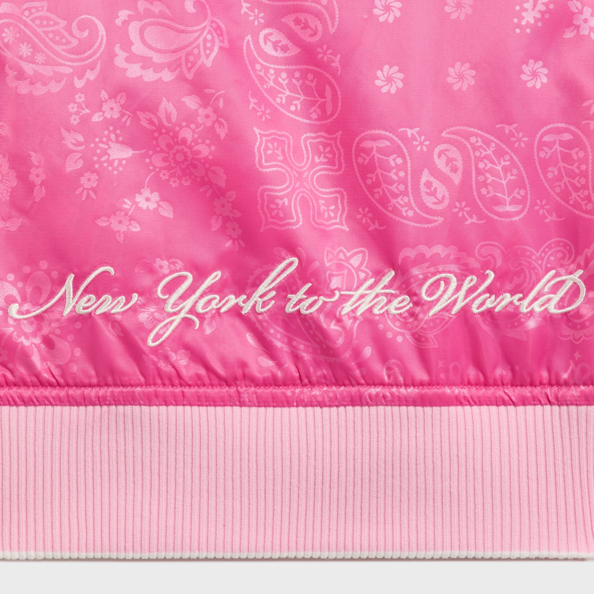 Kith Kids Gorman Jacket in Canna pink paisley, close-up of New York to the World back embroidery