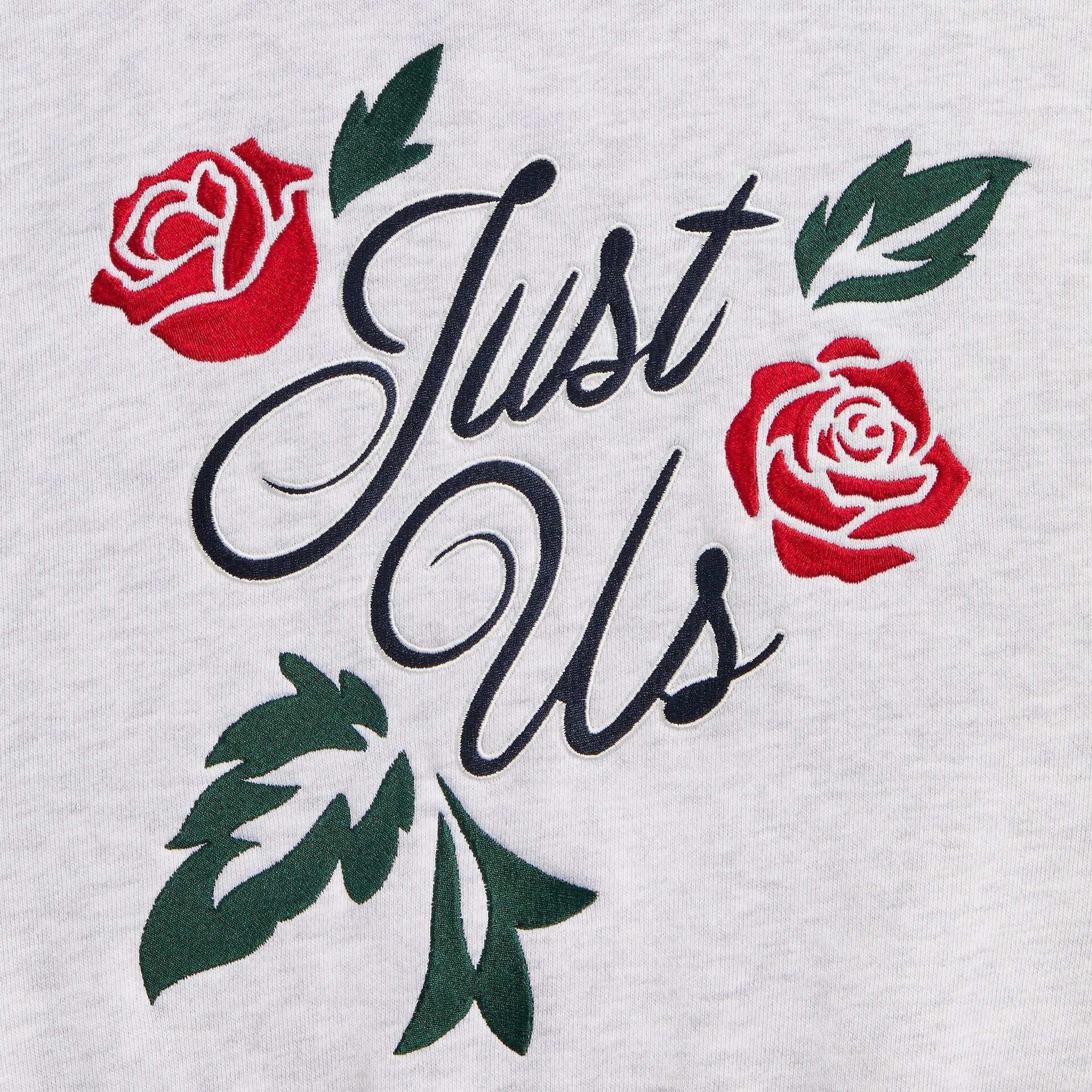 Kith Kids Wyona Fleece Bomber Jacket, close-up of Just Us script with red roses back embroidery