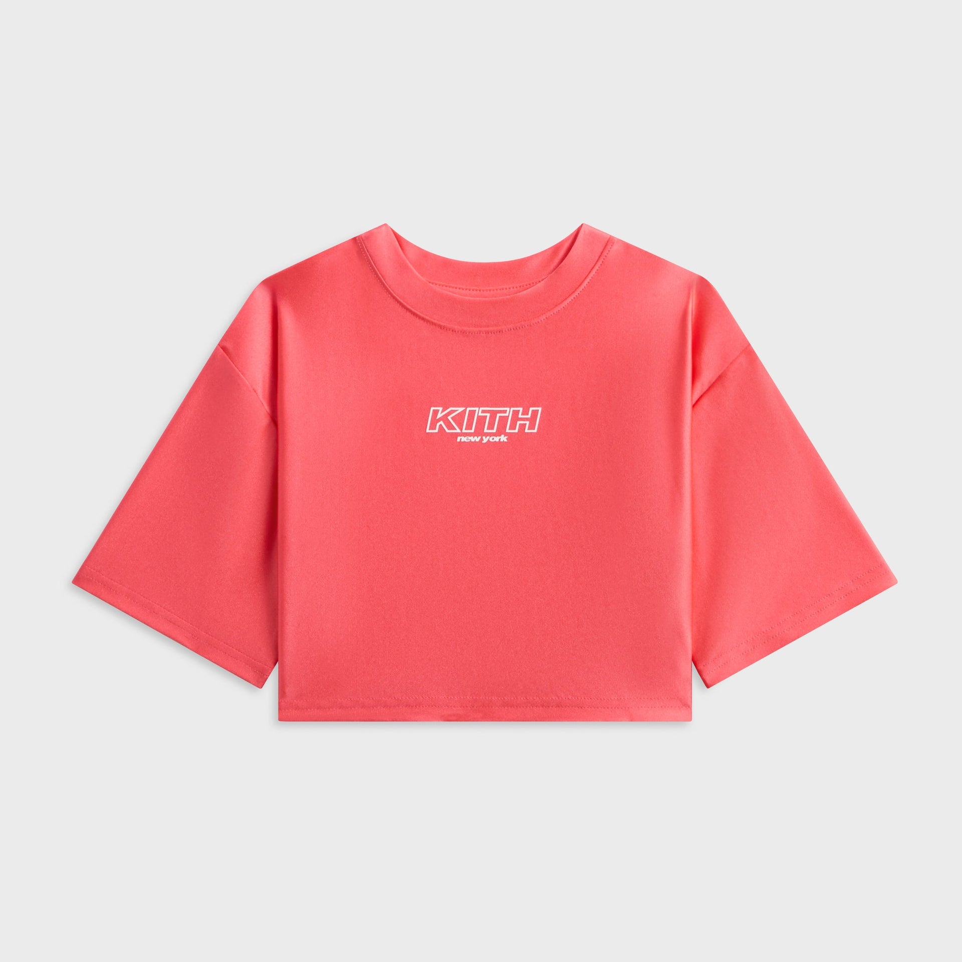 Kith Kids Active Fei Cropped Tee in coral Carnation, front flat lay with white outline KITH New York logo