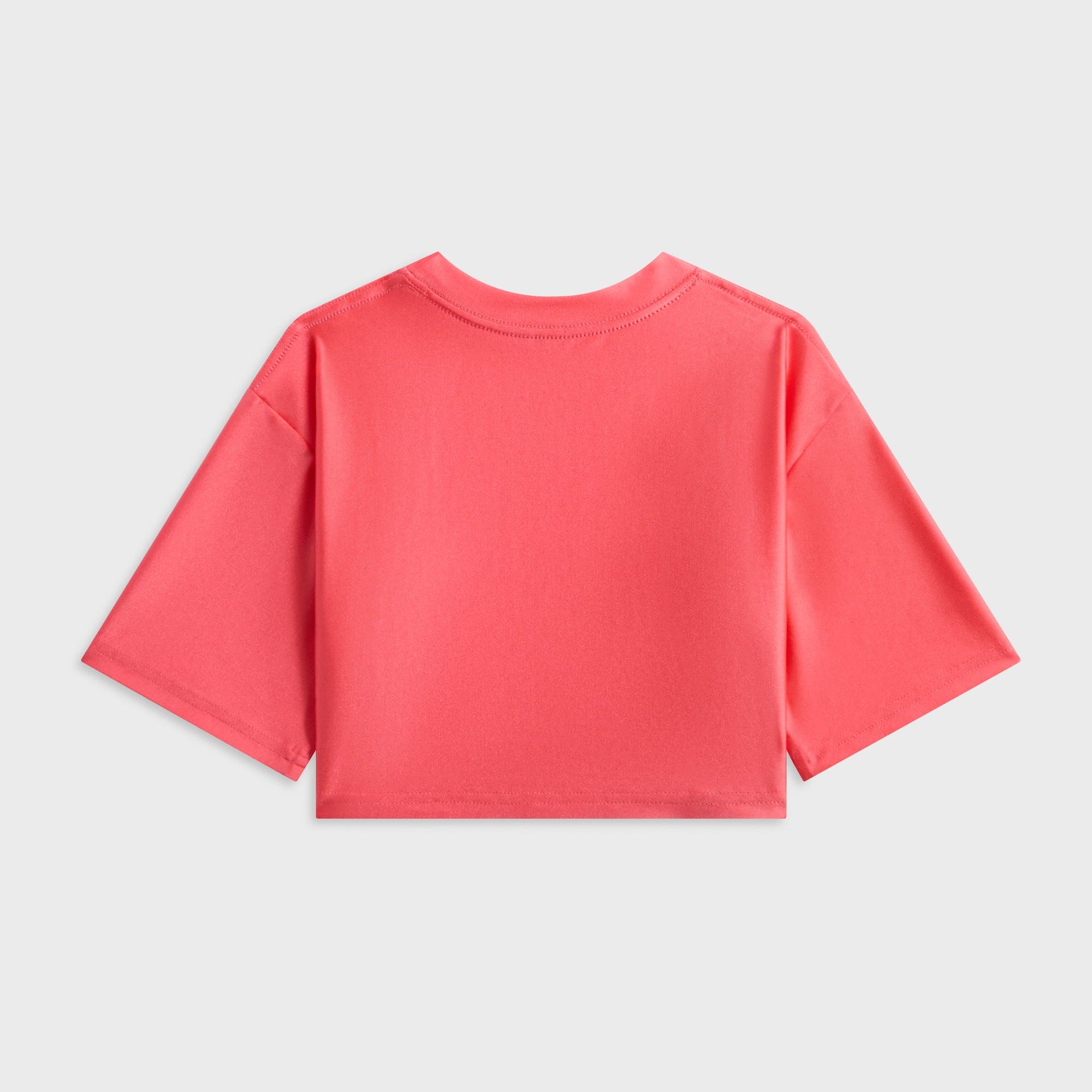 Kith Kids Active Fei Cropped Tee in coral Carnation, plain back flat lay showing boxy cropped fit