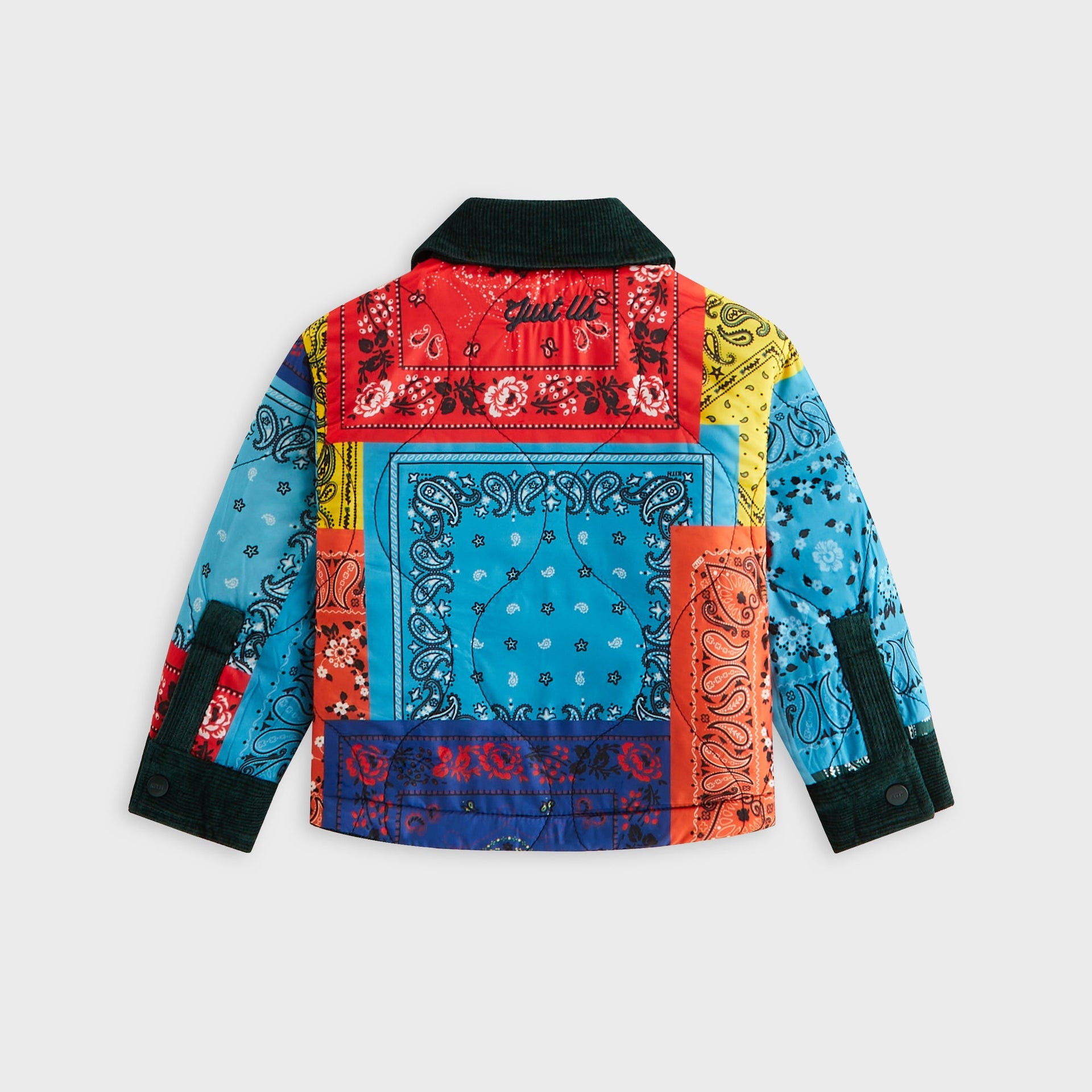 Kith Kids Reversible Ora Shacket, back flat lay of bandana paisley quilted side with Just Us embroidery