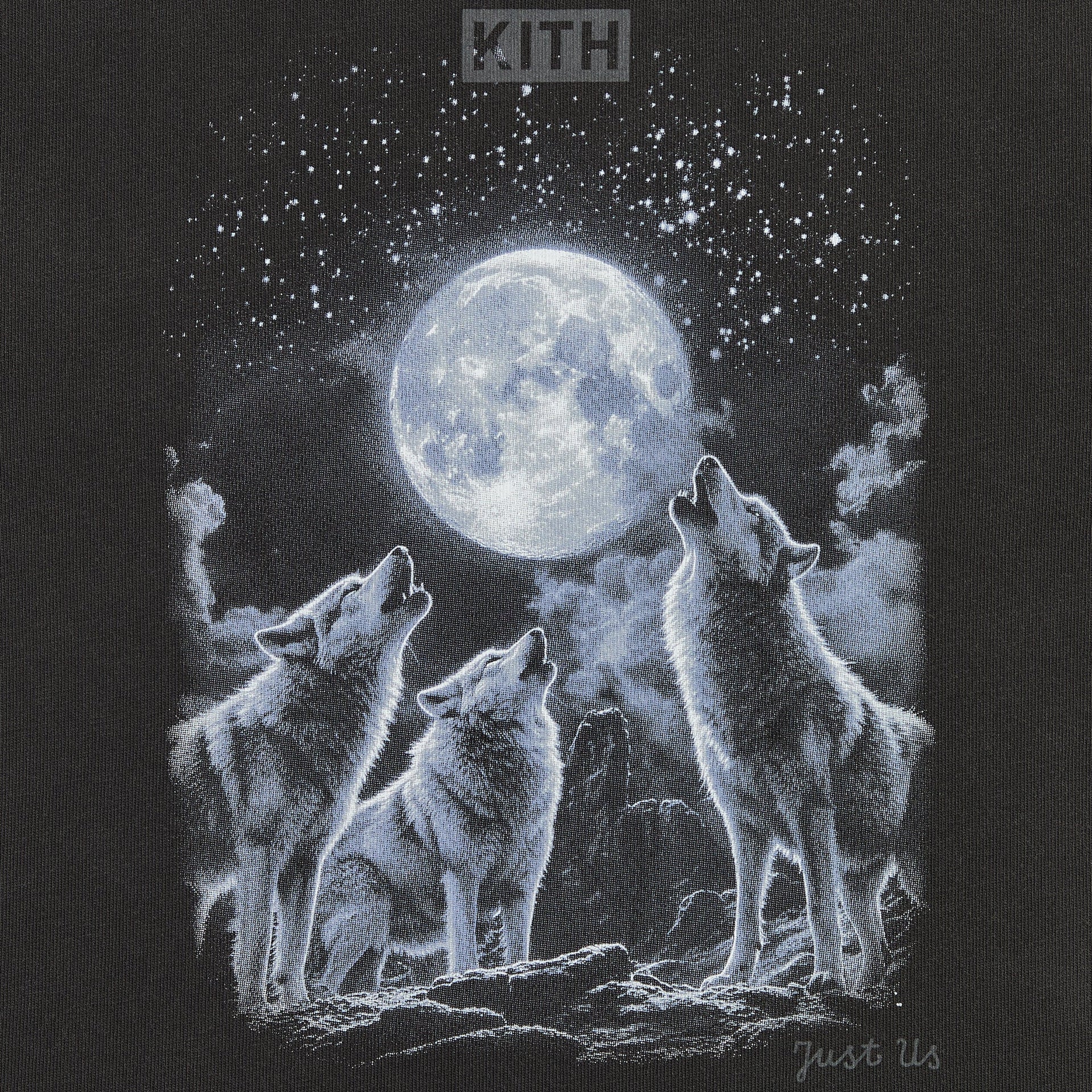Kith Kids Vintage Coyote Tee close-up of wolves howling at the moon graphic with Kith and Just Us text