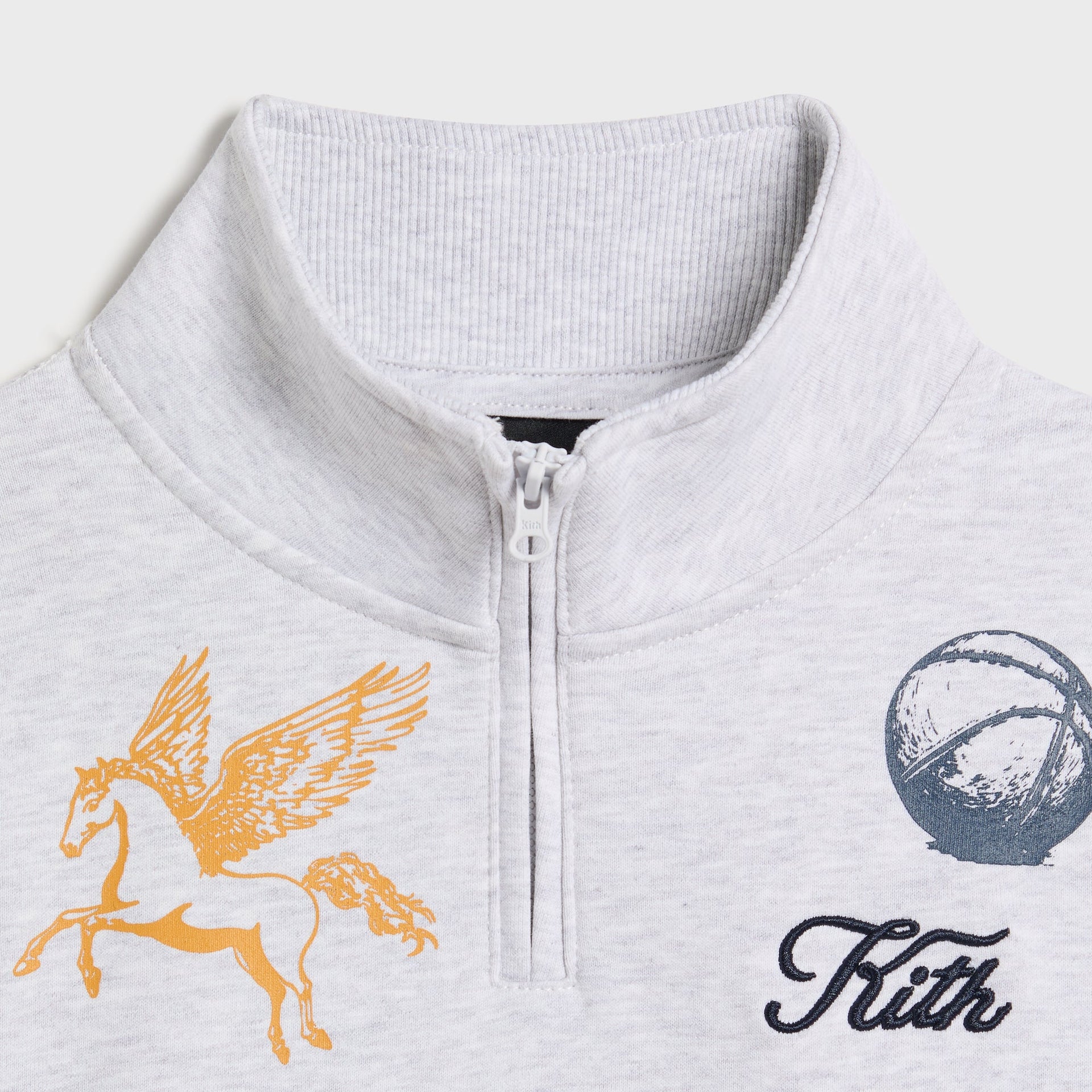 Kith Kids Hunter Pullover close-up of quarter-zip mock neck, Pegasus print and navy Kith script embroidery