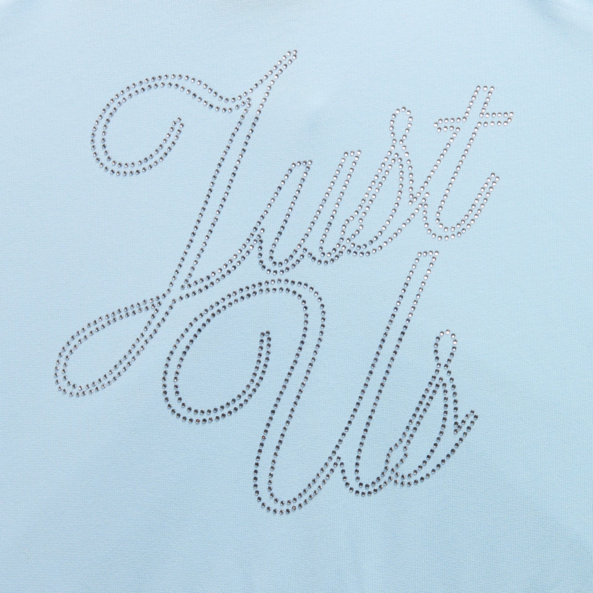 Kith Kids Cropped Nelson Hoodie close-up of rhinestone Just Us cursive script on light blue