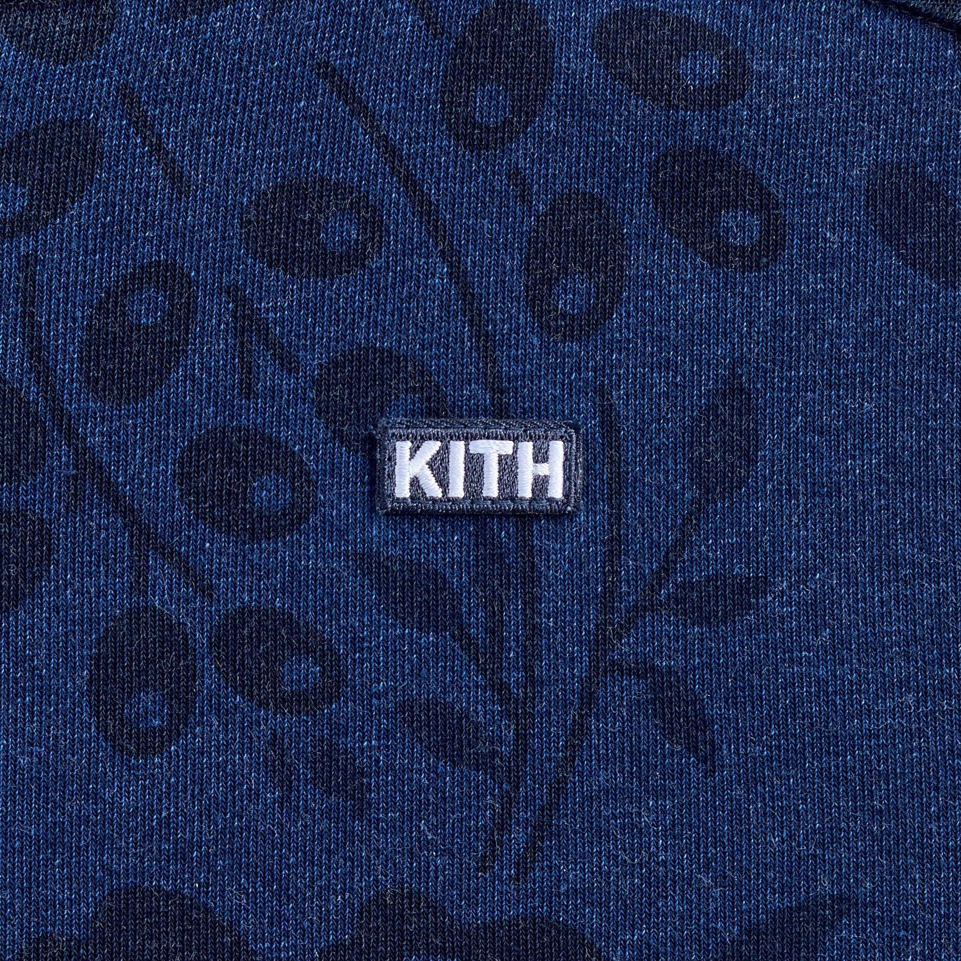 Kith Kids Full Zip Hoodie close-up of white KITH woven label on indigo paisley print