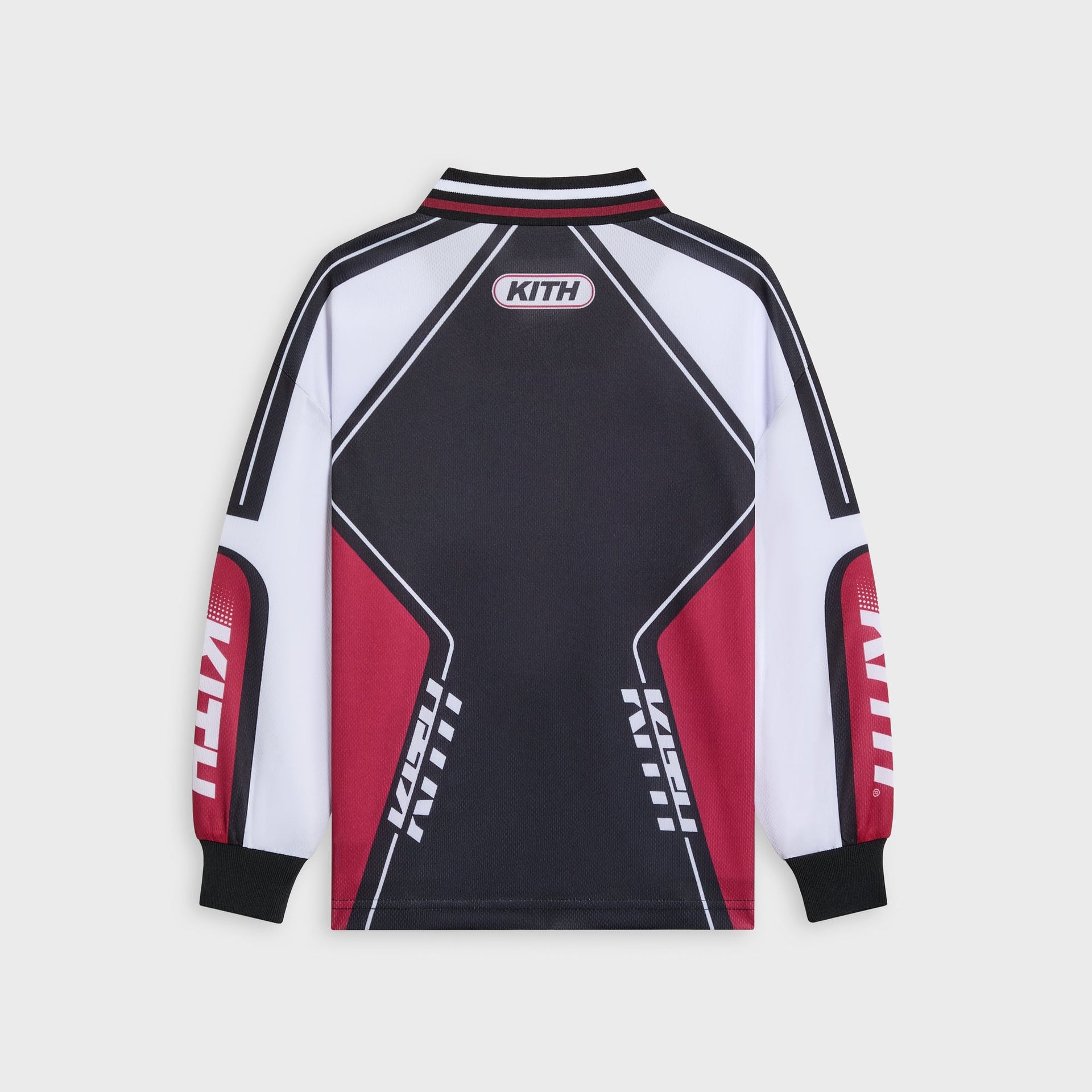 Kith Kids black Moto Mesh Donovan jersey tee, back flat lay with white KITH oval patch and red and white racing panels down the sleeves