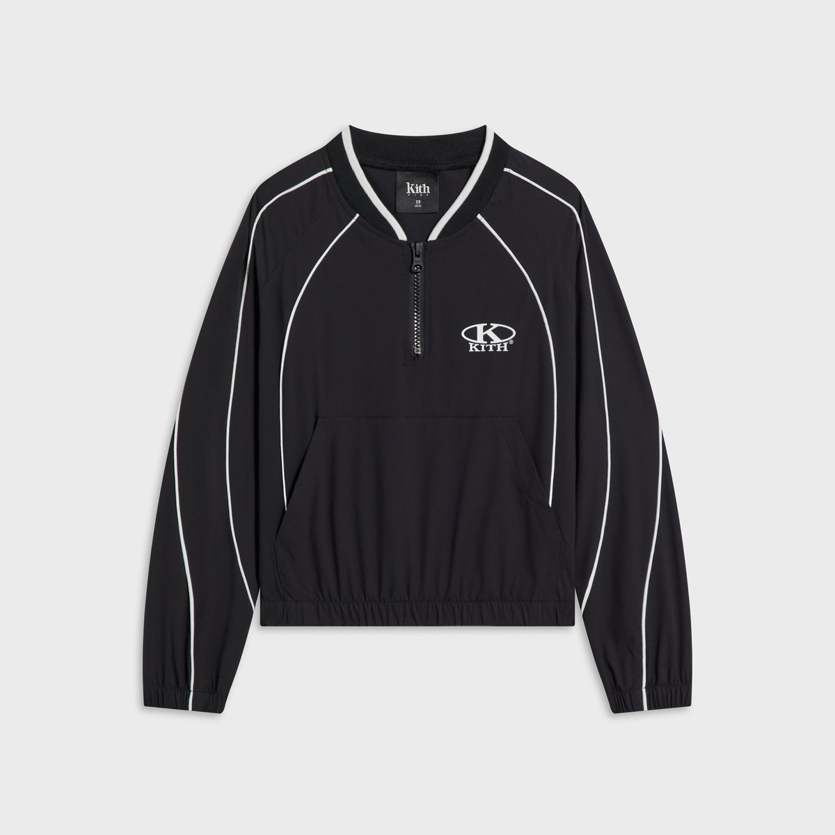 Kith Kids Novelty Beckett quarter-zip pullover in black with white piping, kangaroo pocket, and oval KITH logo at the chest
