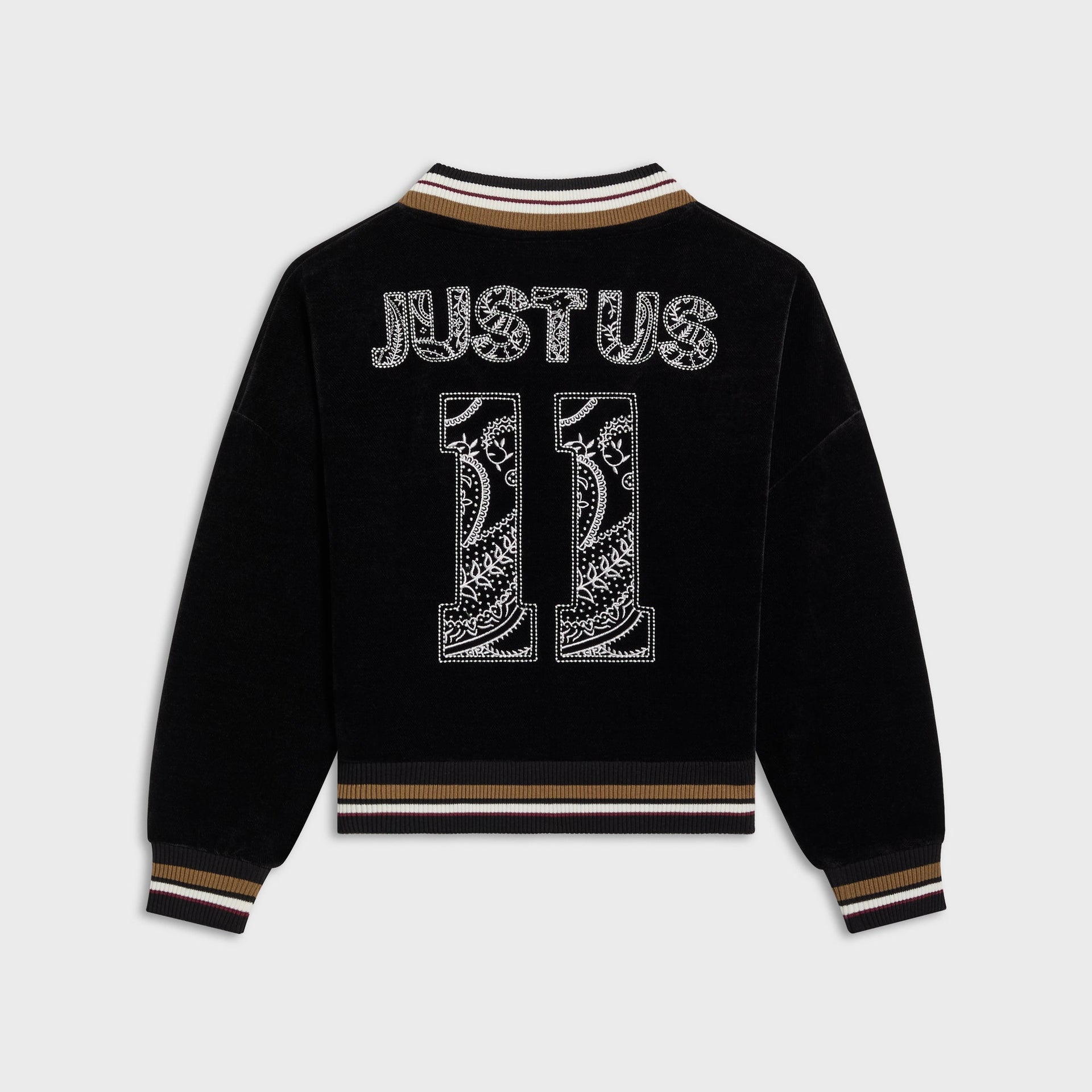 Kith Kids black Textured V-Neck Nelson sweatshirt, back flat lay with paisley-filled JUST US and number 11 print