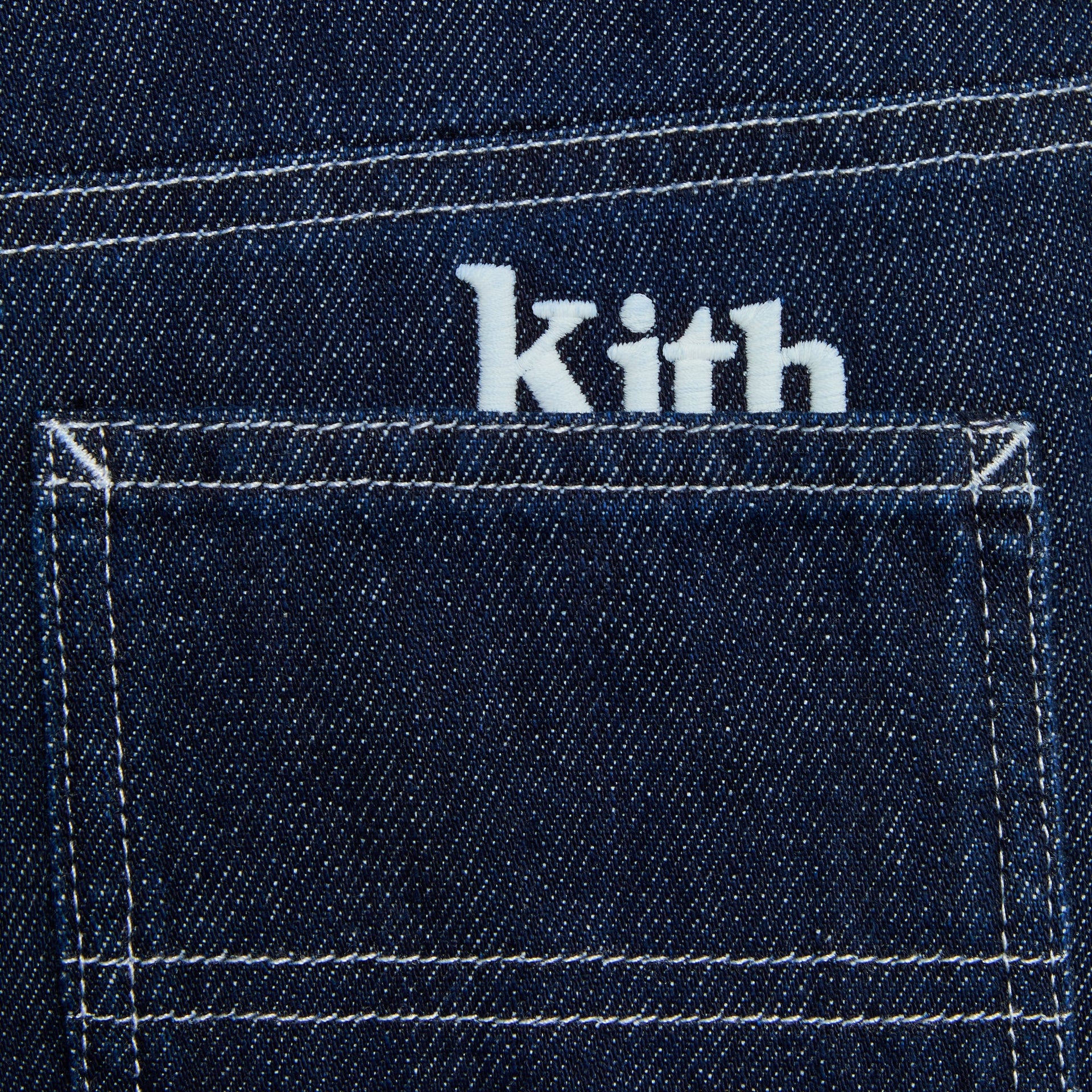 Kith Kids Heston Utility Jean, close-up of back waistband with white kith embroidery and patch pocket