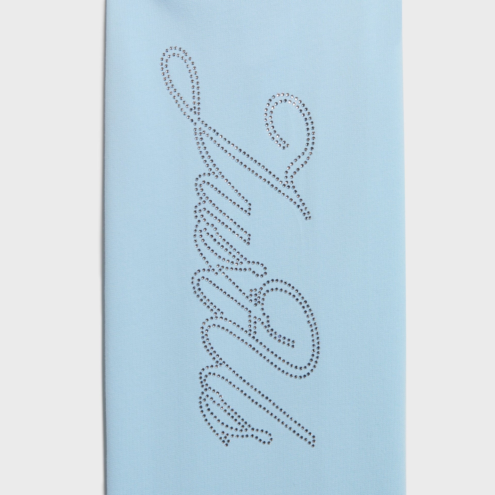 Kith Kids Ava Sweatpant in light blue, close-up of large rhinestone Kith script down the leg