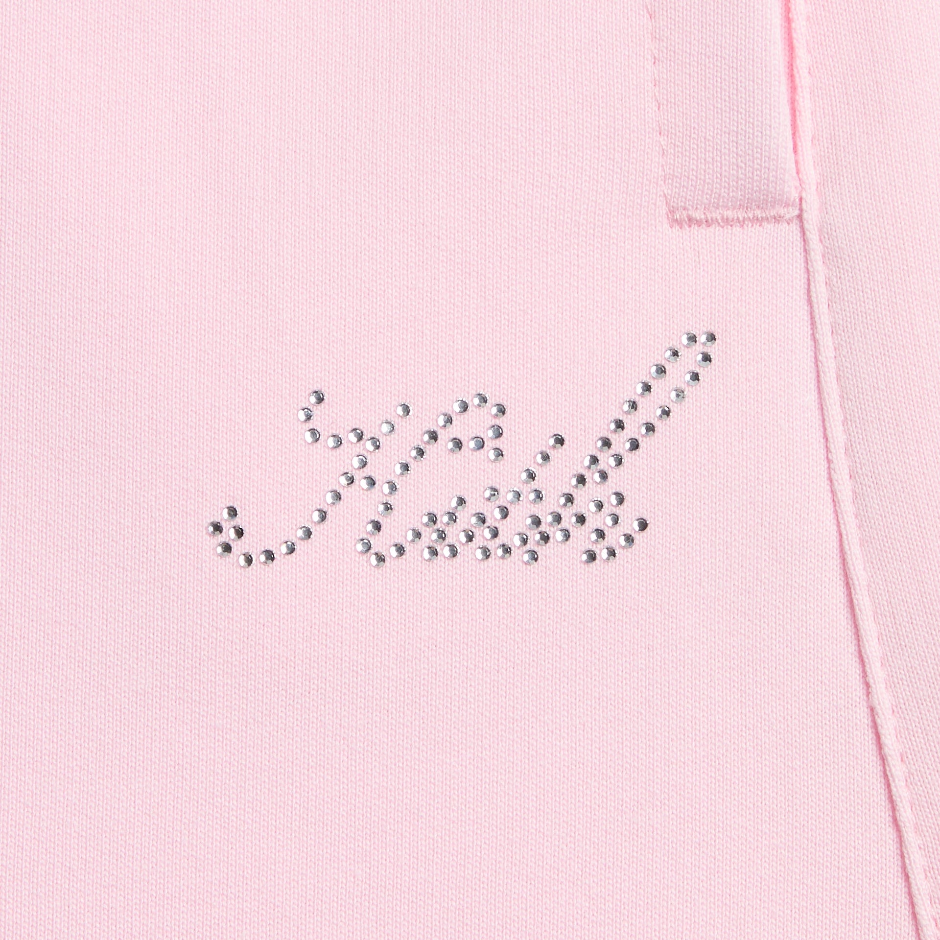 Close-up of silver rhinestone Kith logo at the hip of Bloom pink Kith Kids Ava Sweatpant