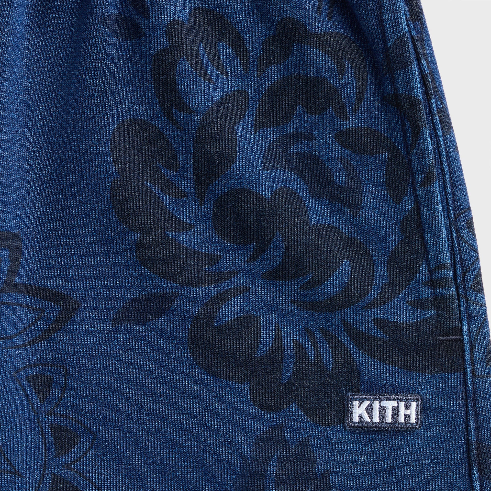 Kith Kids Paisley Nelson II Pant close-up of blue floral paisley print with white KITH label