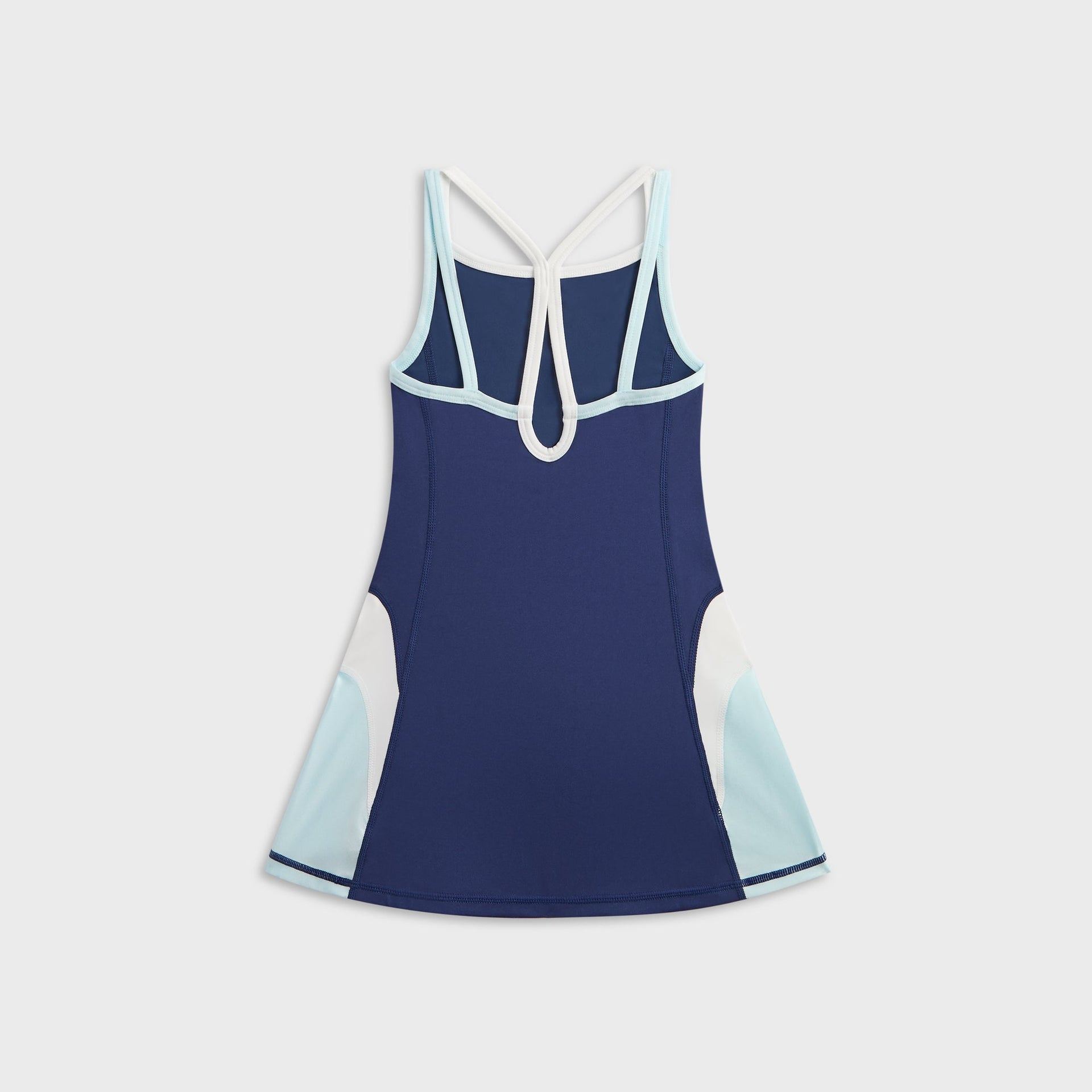 Kith Kids Active Skye Romper Dress in Nocturnal navy, back flat lay showing crossed spaghetti straps and color-blocked panels
