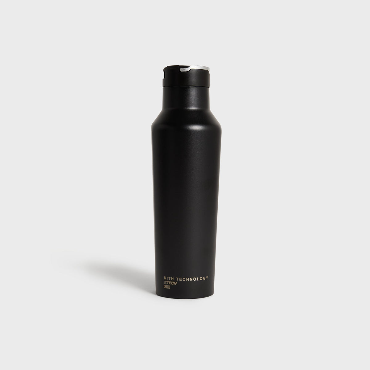 Kith for Corkcicle Classic Sport Canteen in matte black with gold KITH TECHNOLOGY wordmark, straight-on view