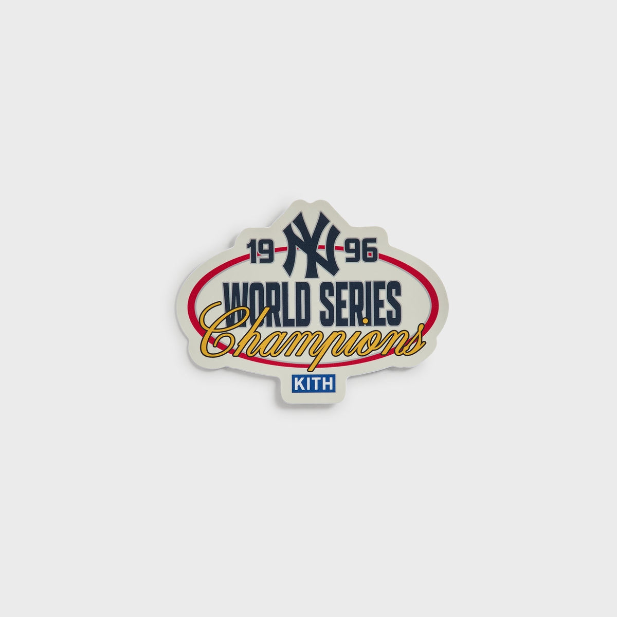 Kith x New York Yankees 1996 World Series Champions vinyl sticker, straight-on flat view