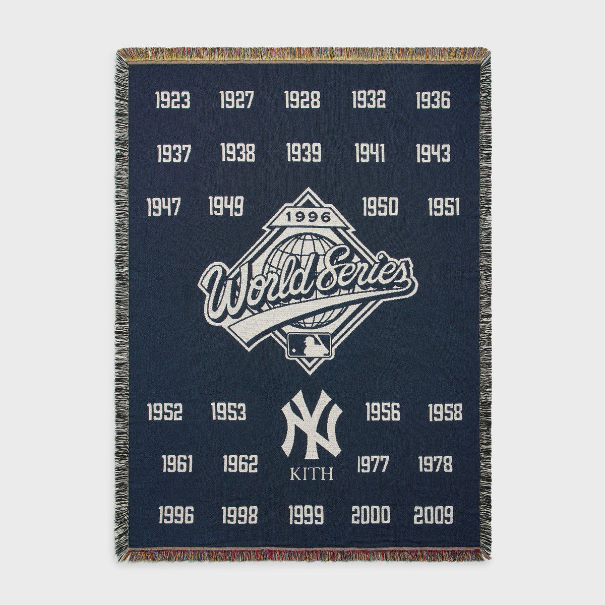 Kith x New York Yankees Nocturnal World Series tapestry blanket, full flat lay front view