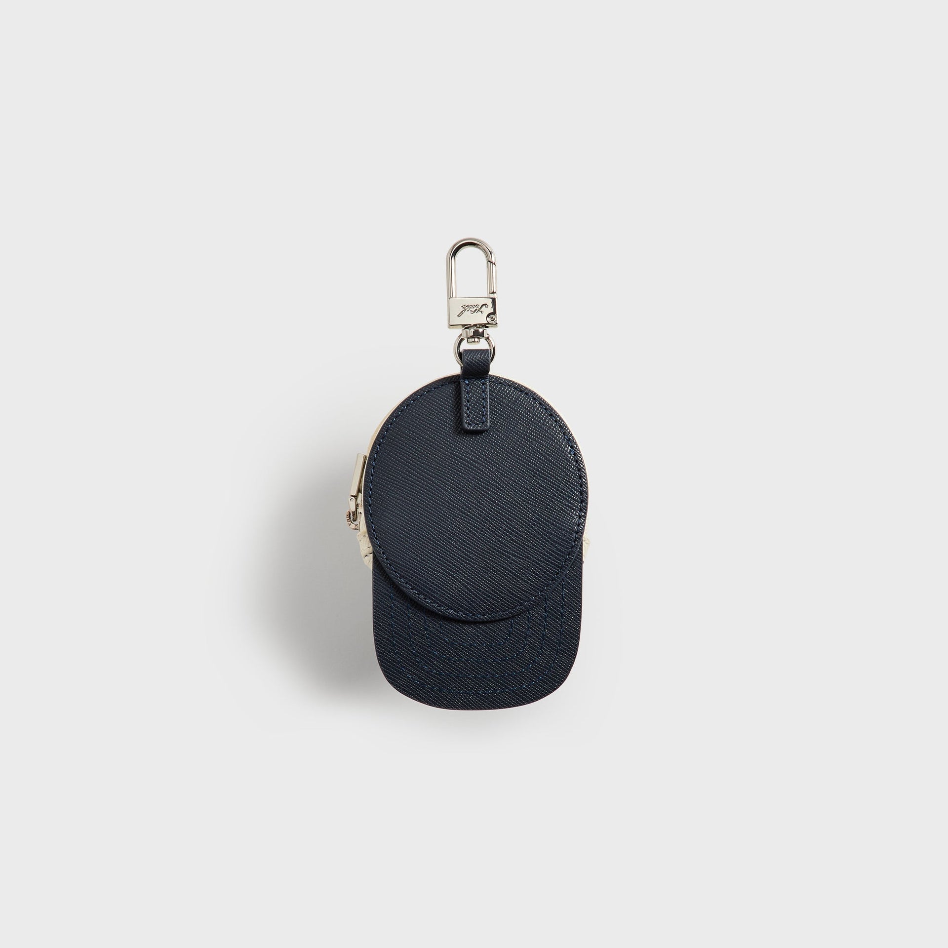 Kith x Yankees Baseball Cap Leather Pouch, Sandrift - back view, solid navy saffiano leather panel with clip strap