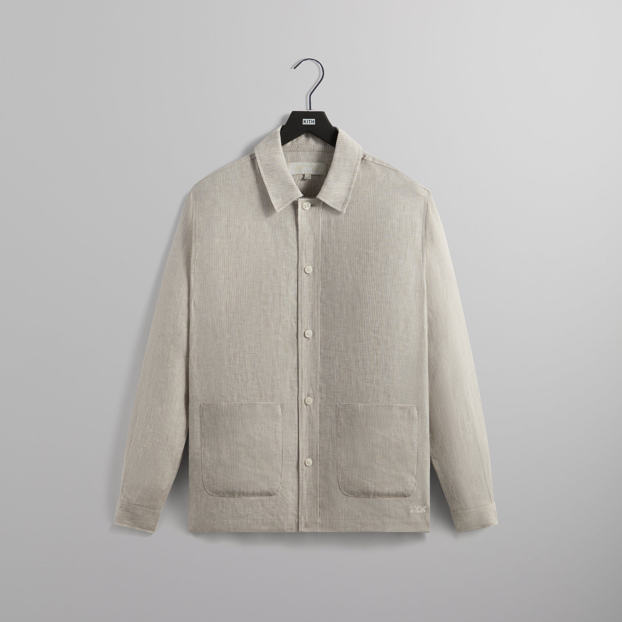 Kith Pinstripe Linen Long Sleeve Boxy Collared Overshirt - Light Heath