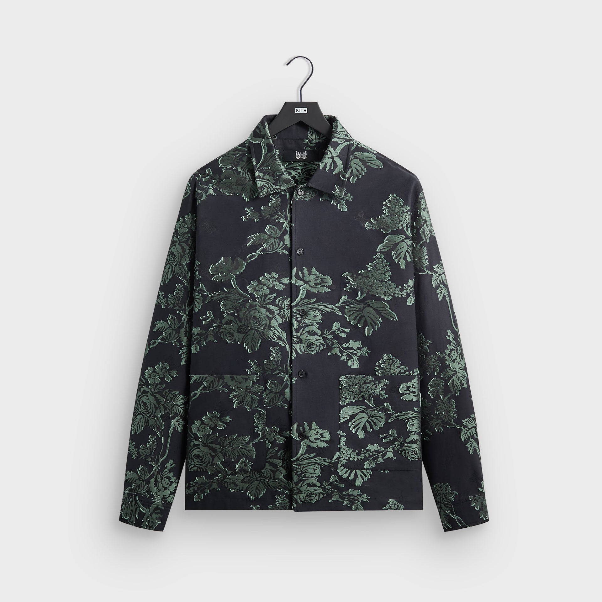 Kith for Needles BCO shirt in black with sage green floral jacquard print, front flat lay