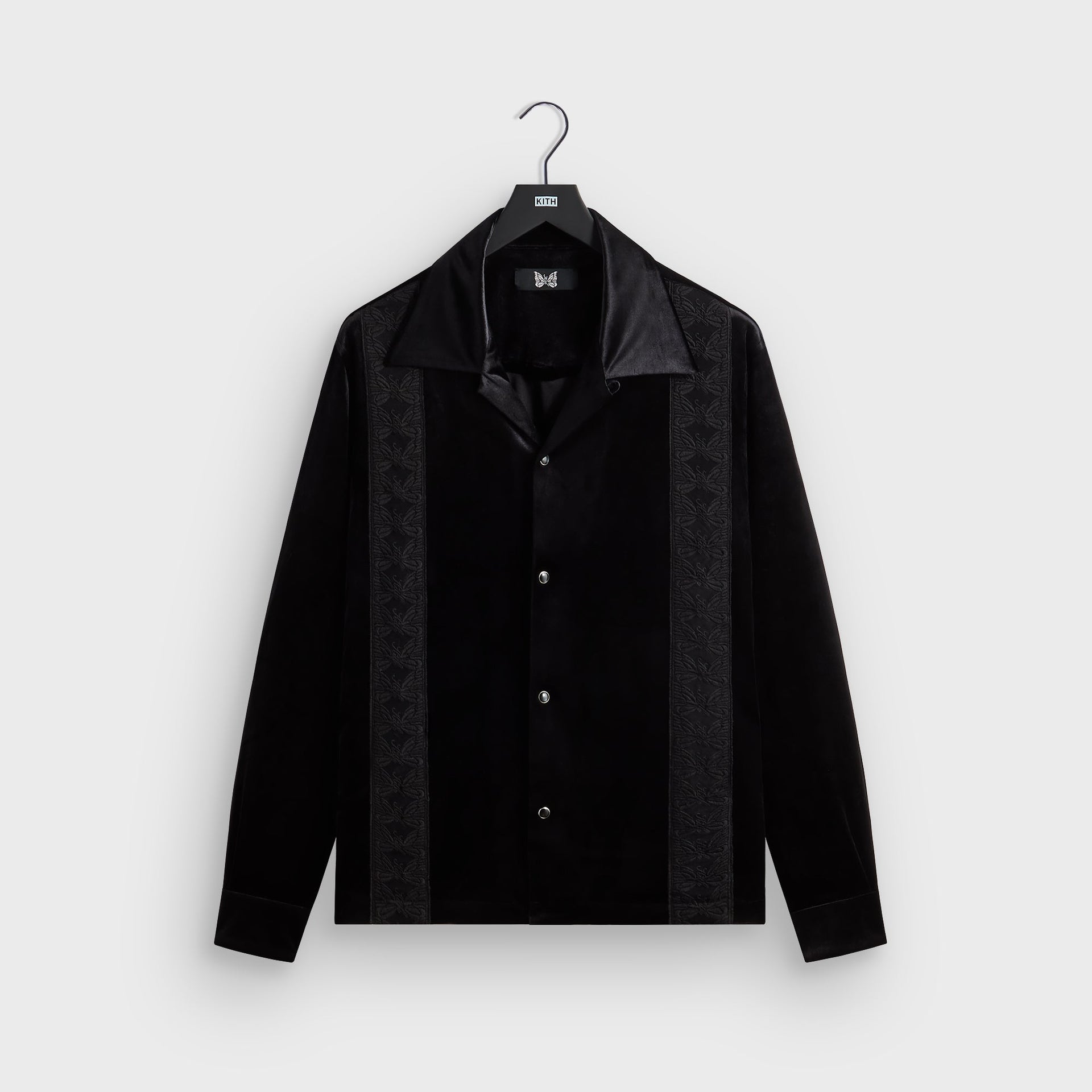 Kith for Needles Ren fringe camp collar shirt in black velour with tonal panel front, front flat lay