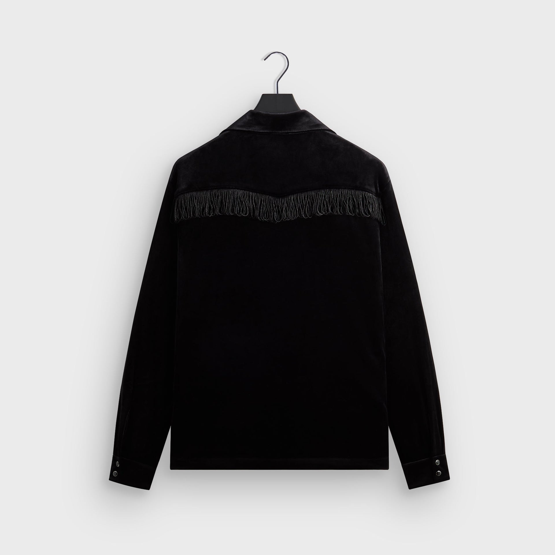 Kith for Needles Ren fringe camp collar shirt in black velour, back flat lay showing fringe trim at yoke