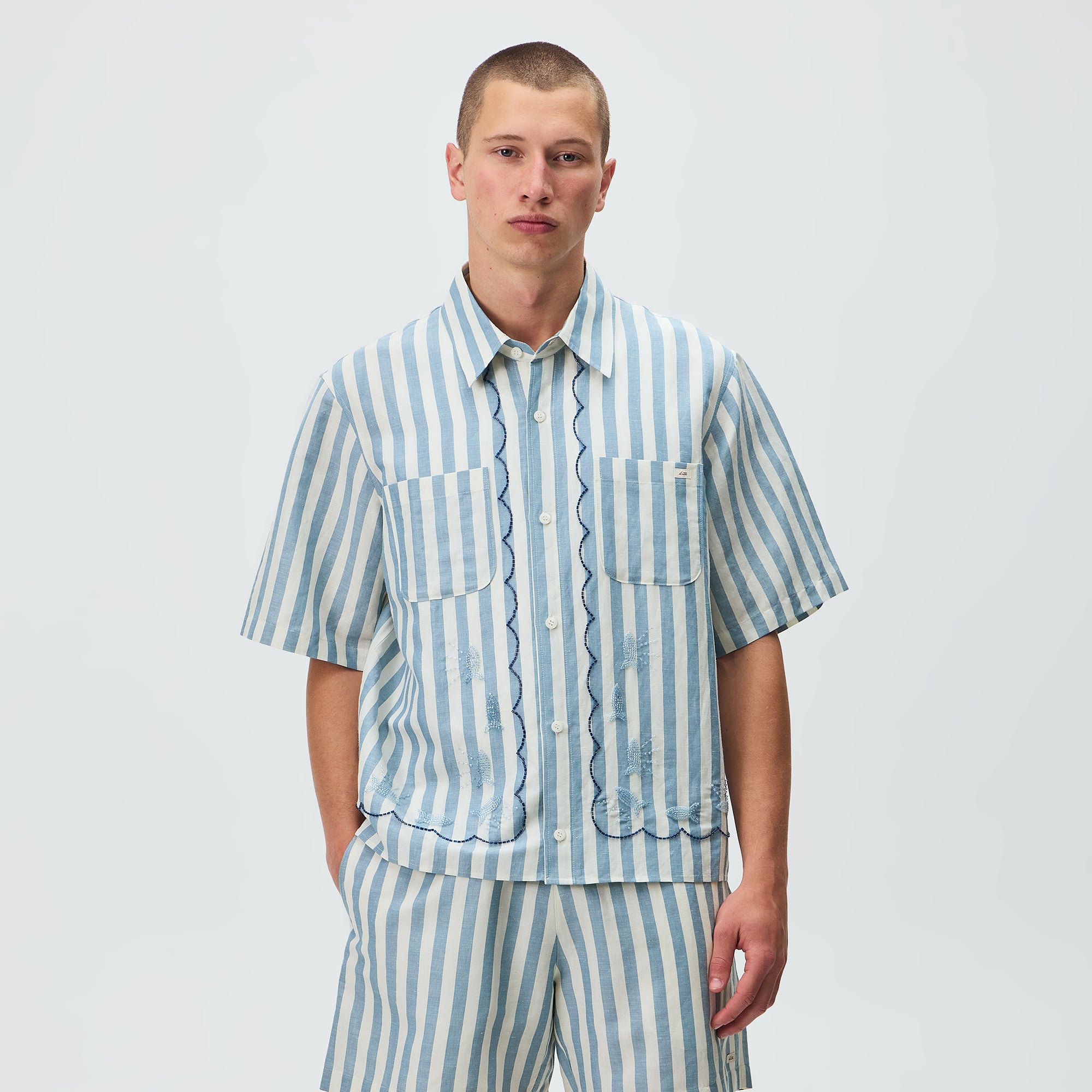 Kith Spun Silk Linen Stripe Paxton Buttondown - Light Indigo