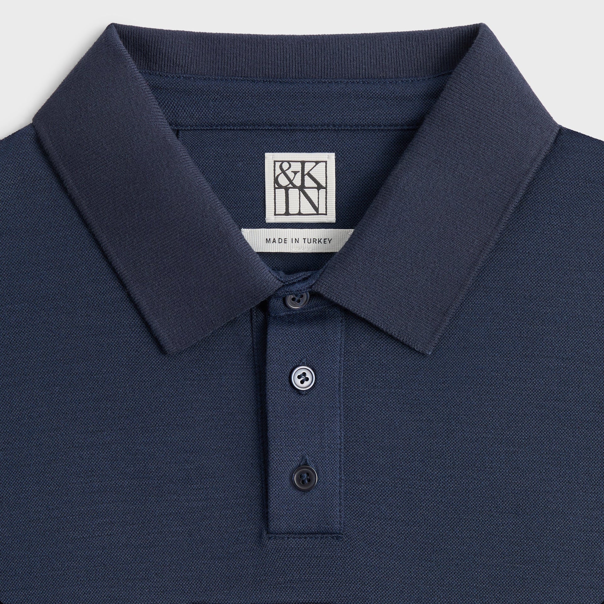 &Kin Melton Polo detail, ribbed collar and three-button placket with woven &Kin label, Nocturnal navy